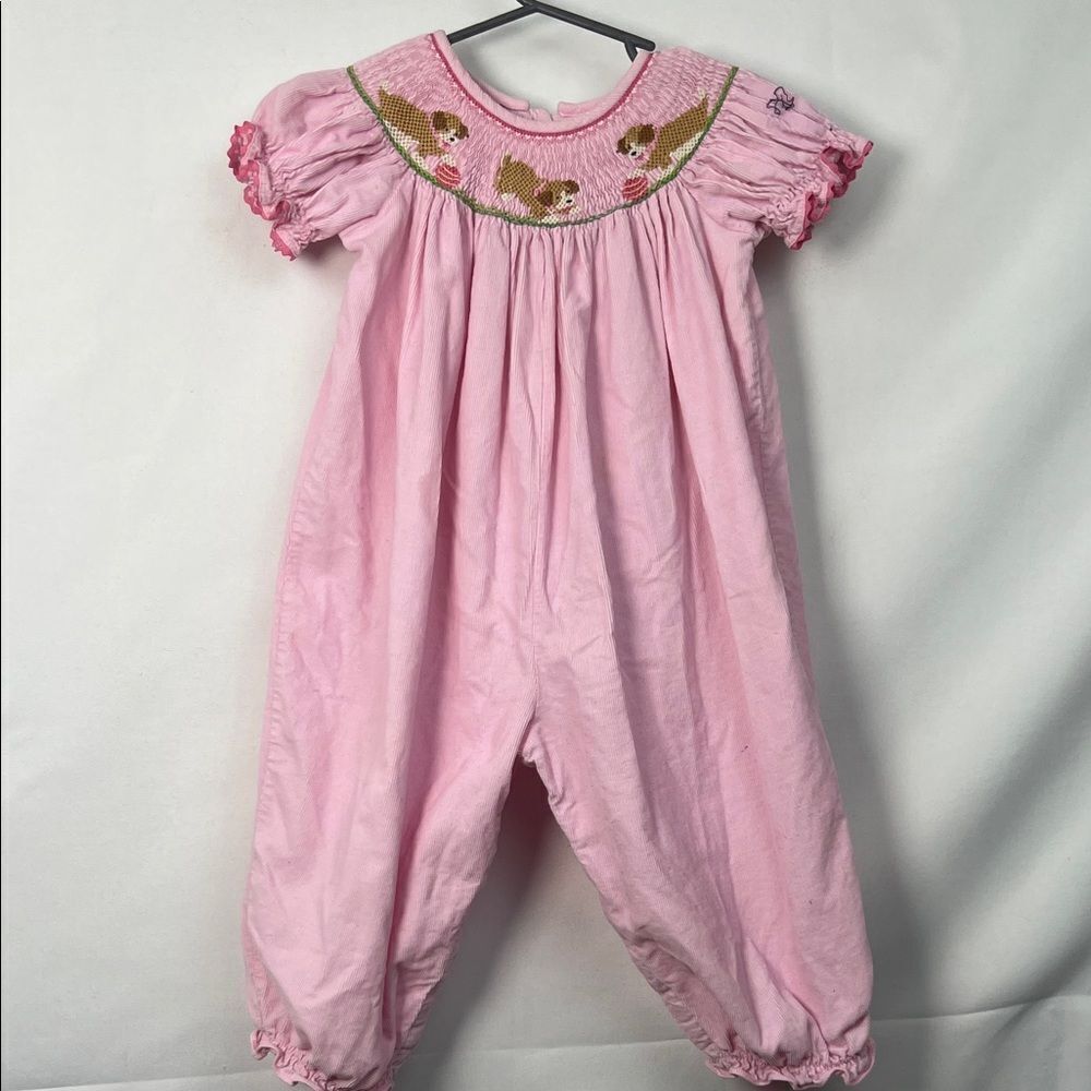 Claire and Charlie Pink Cotton smocked puppy embroidered jumpsuit EUC size 18m